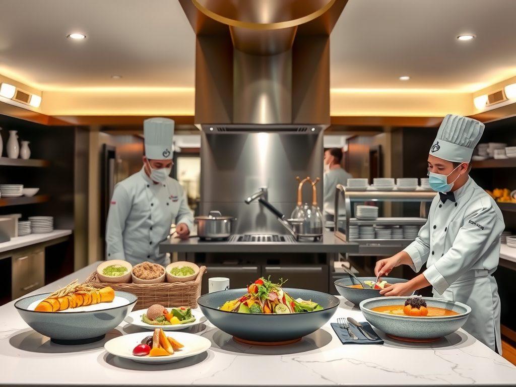 High-end hotel kitchen with chefs preparing gourmet dishes, photorealistic, professional lighting, modern and clean setup