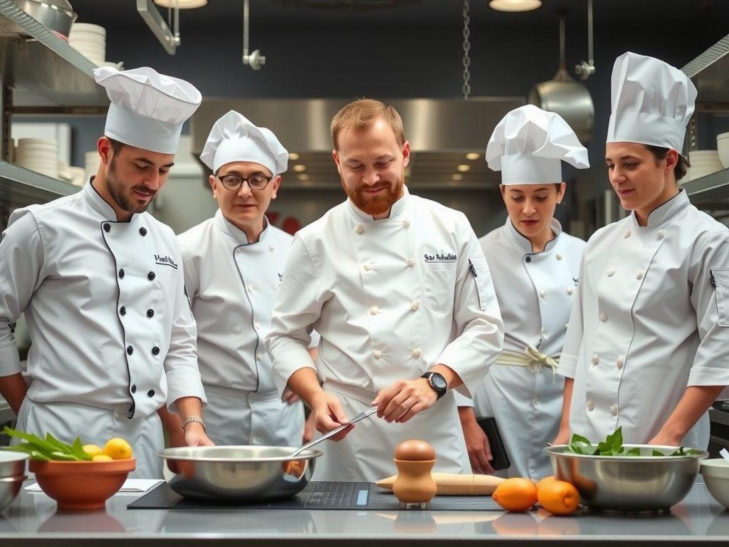 Team of chefs working in a sophisticated kitchen, showing teamwork and efficiency, clean background, dressed in professional culinary uniforms