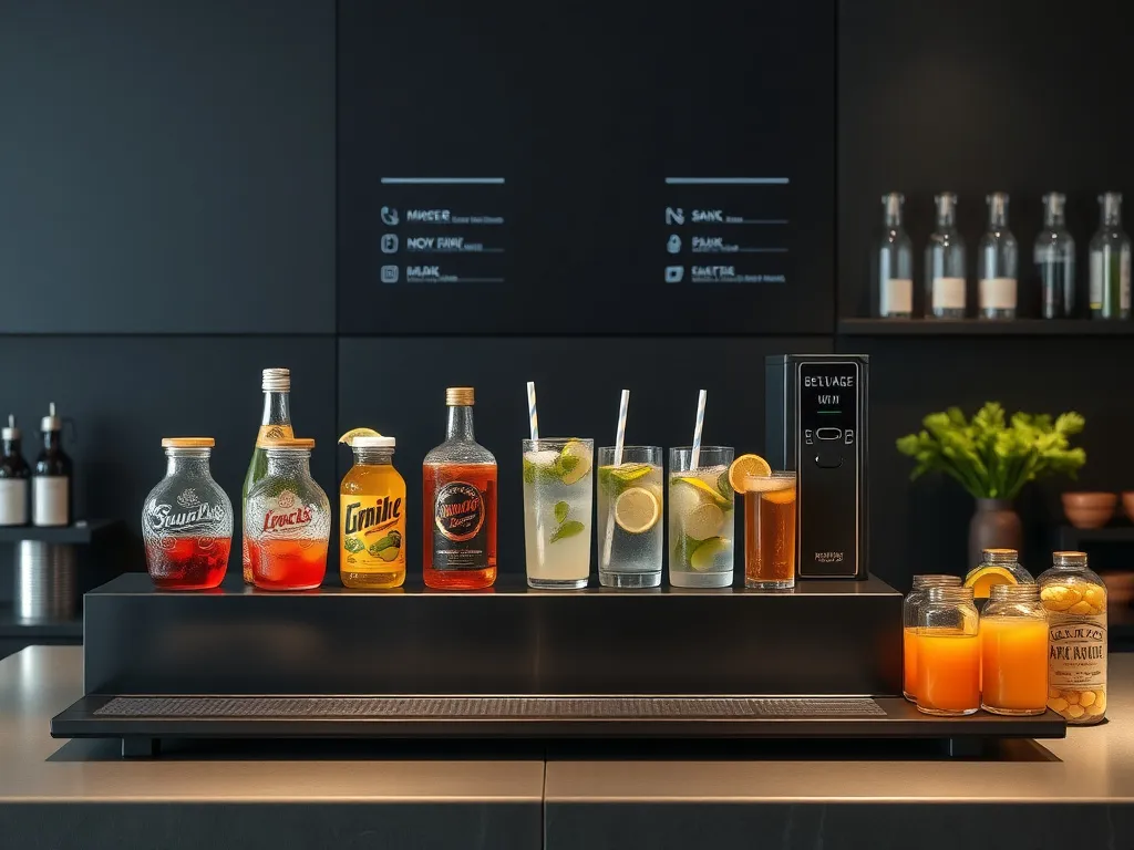 Professional beverage station offering a selection of non-alcoholic drinks, photorealistic and sleek design, complementary to culinary experiences
