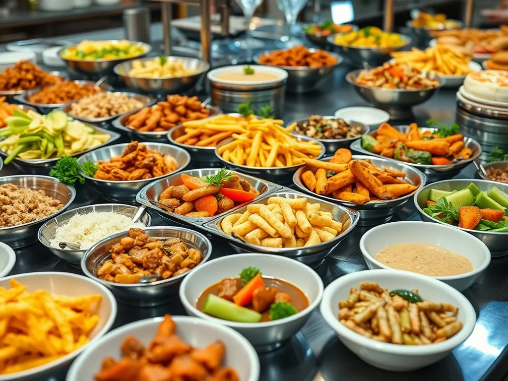High quality buffet setup with a variety of dishes, detailed and professional presentation, highlighting customization and dietary sensitivity