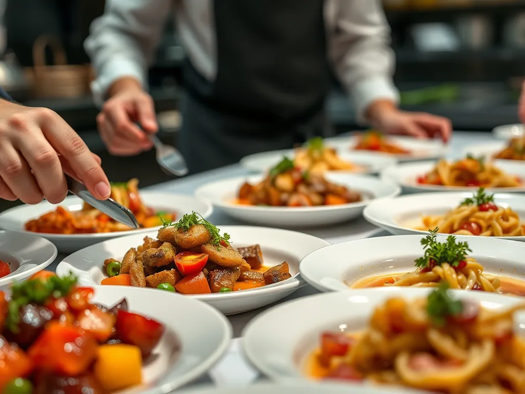 Close-up of gourmet dishes being arranged on a table, detailed, high quality, focus on presentation and quality, professional kitchen setting