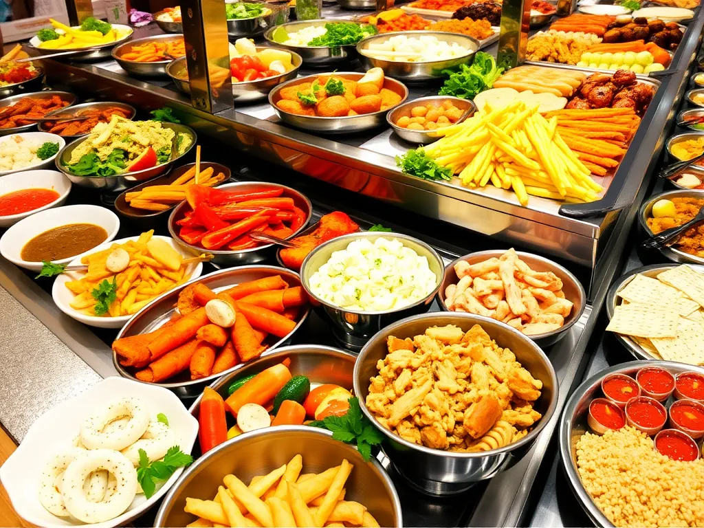 A diverse selection of food items being served at a buffet, including appetizers, main courses, and desserts, vibrant and colorful, inviting appearance