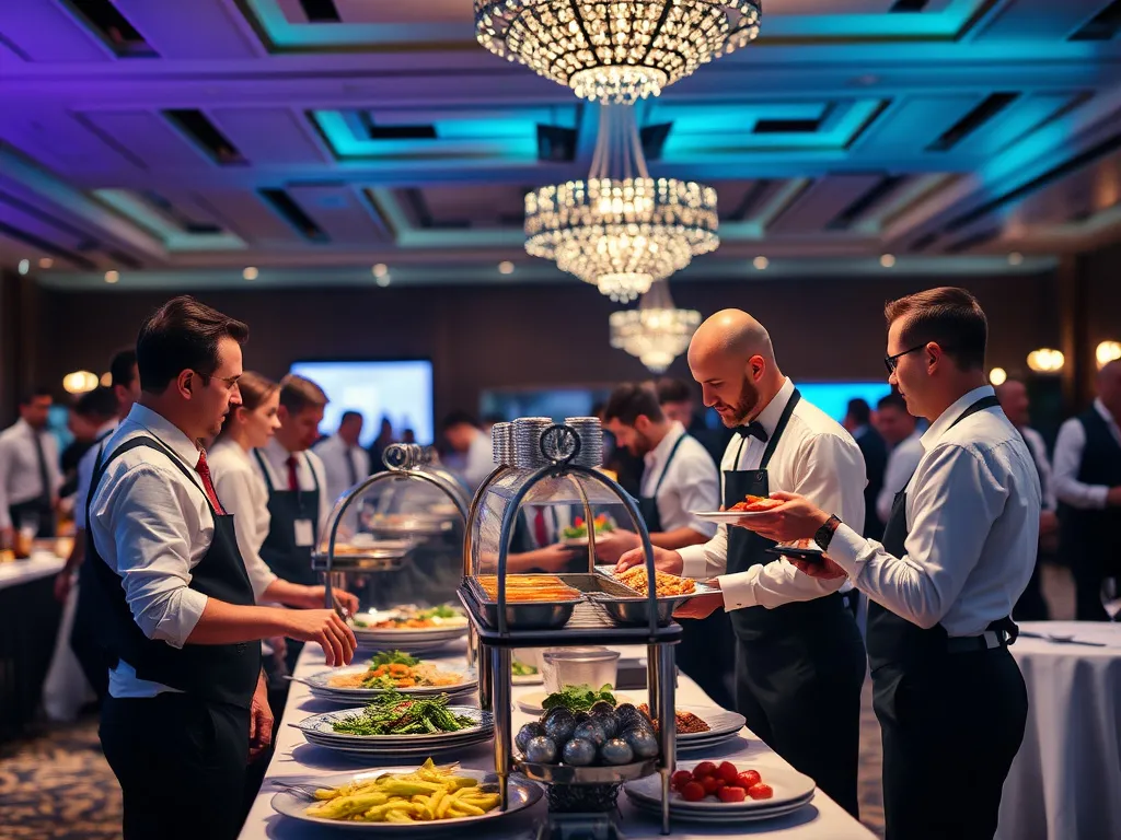 An experienced catering team serving at a large corporate event, showing professionalism and efficiency, high quality, corporate event setting, well-dressed staff