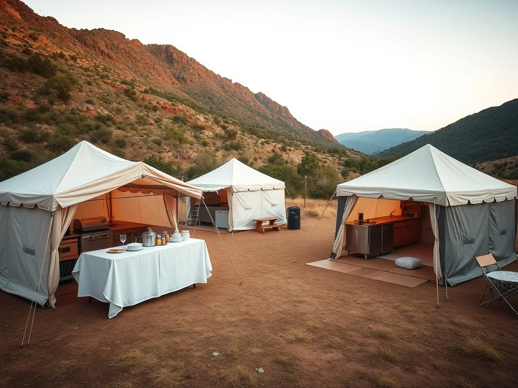 A remote campsite with efficient catering setup, showcasing tents and kitchen facilities, high quality, natural outdoor setting, practical and organized layout