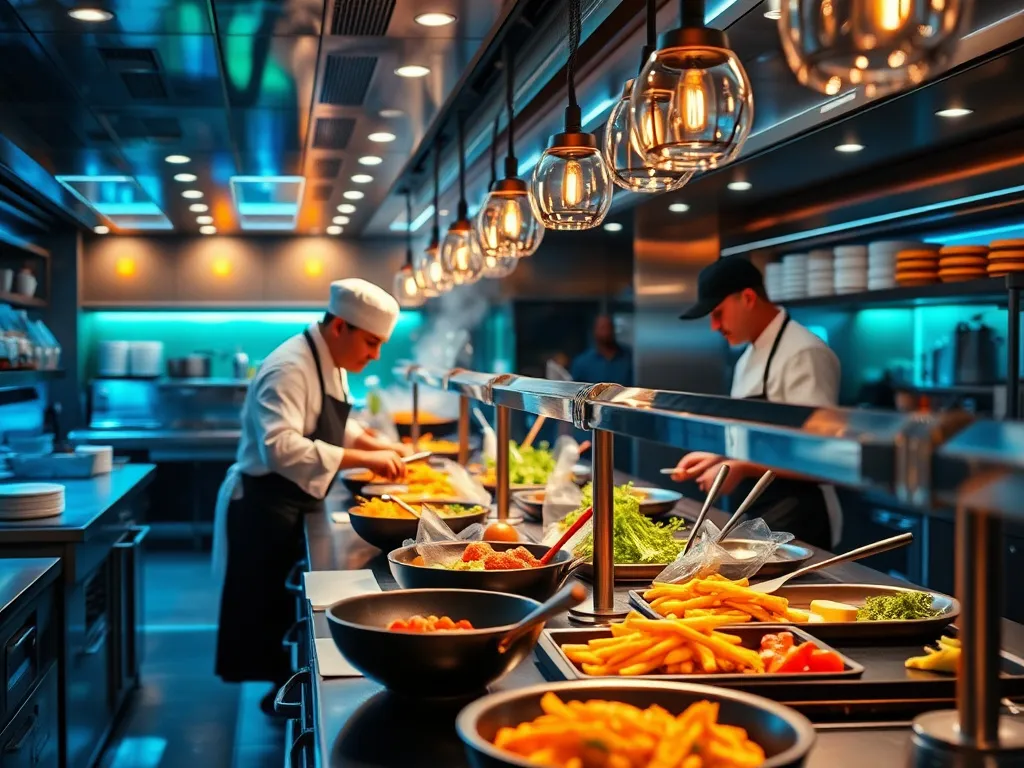 Close-up of a high-tech kitchen setup with live cooking stations where chefs prepare meals in front of guests, vibrant, interactive, high quality