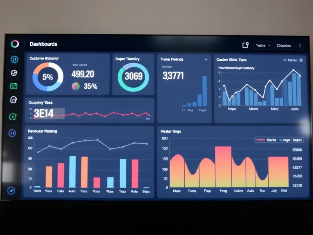 Dashboard displaying analytics and data trends related to customer behavior and resource planning in a digital interface, high quality, professional