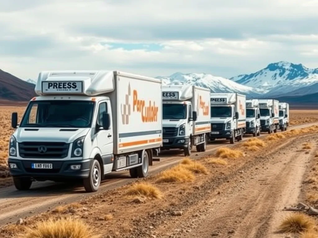A fleet of delivery vehicles equipped with technology for route planning and temperature monitoring, set in a rugged, remote landscape, high quality, detailed