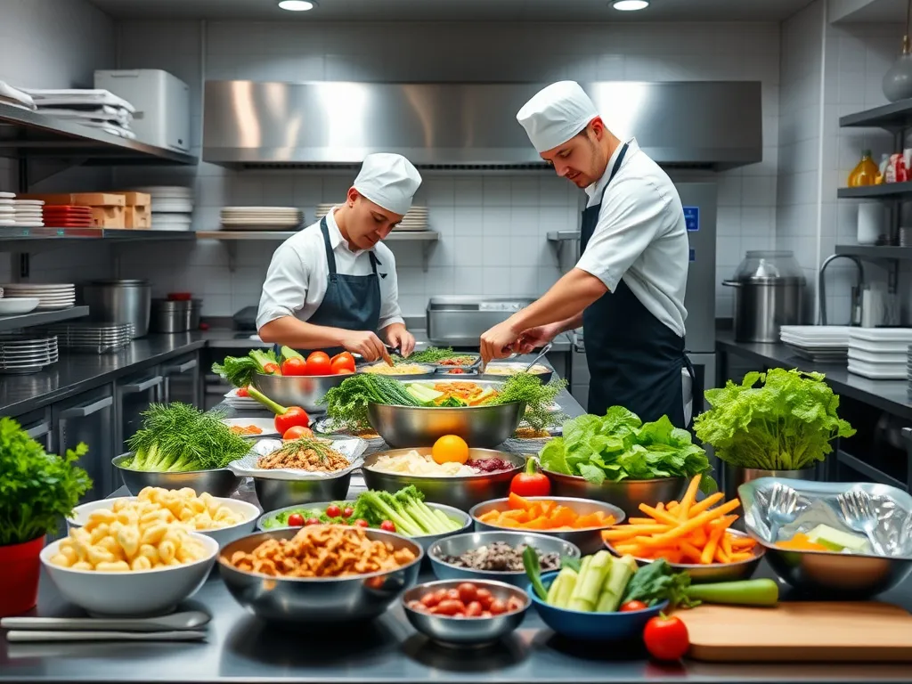 Professional kitchen staff preparing healthy and balanced meals in a well-equipped kitchen, with fresh ingredients and diverse meal options, photorealistic, clean background
