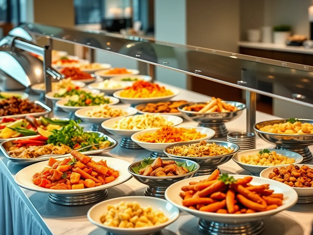 Buffet tables with a variety of dishes elegantly displayed, showcasing diversity and flexibility, bright and inviting setting, professional photography