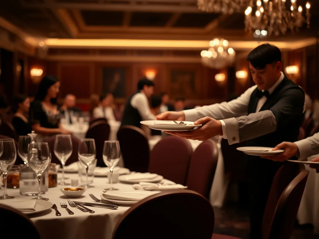 Formal dinner setup with waitstaff serving plates at an elegant banquet, intimate and sophisticated atmosphere, focus on personal service and elegance