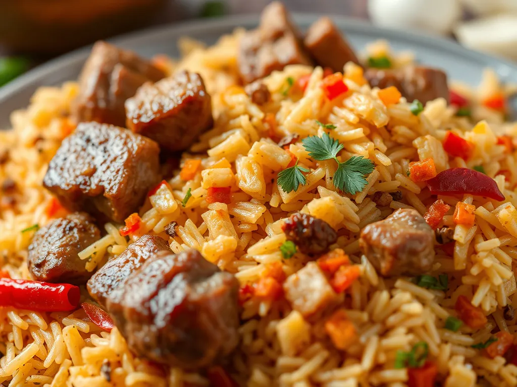 Close-up of a traditional Arabian dish, Kabsa, beautifully arranged with aromatic rice, succulent pieces of meat, and a variety of colorful spices, professional photography