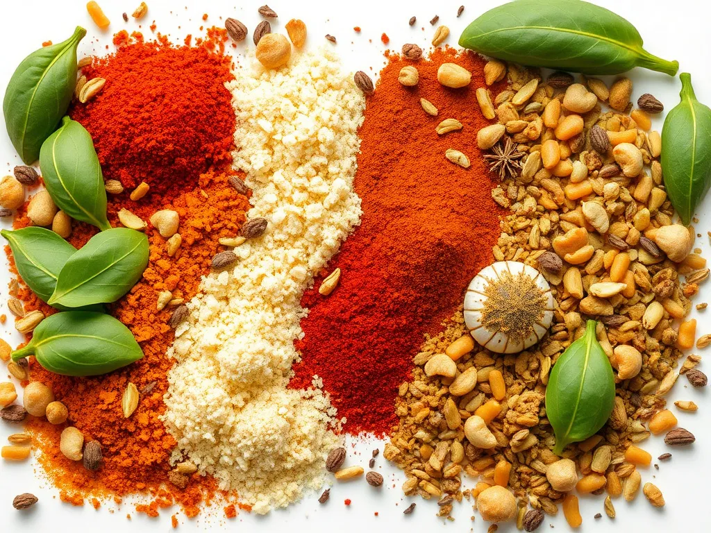 Comparison of spices traditionally used in Gulf and Levantine cuisines, showcasing the contrast in colors and textures, high quality