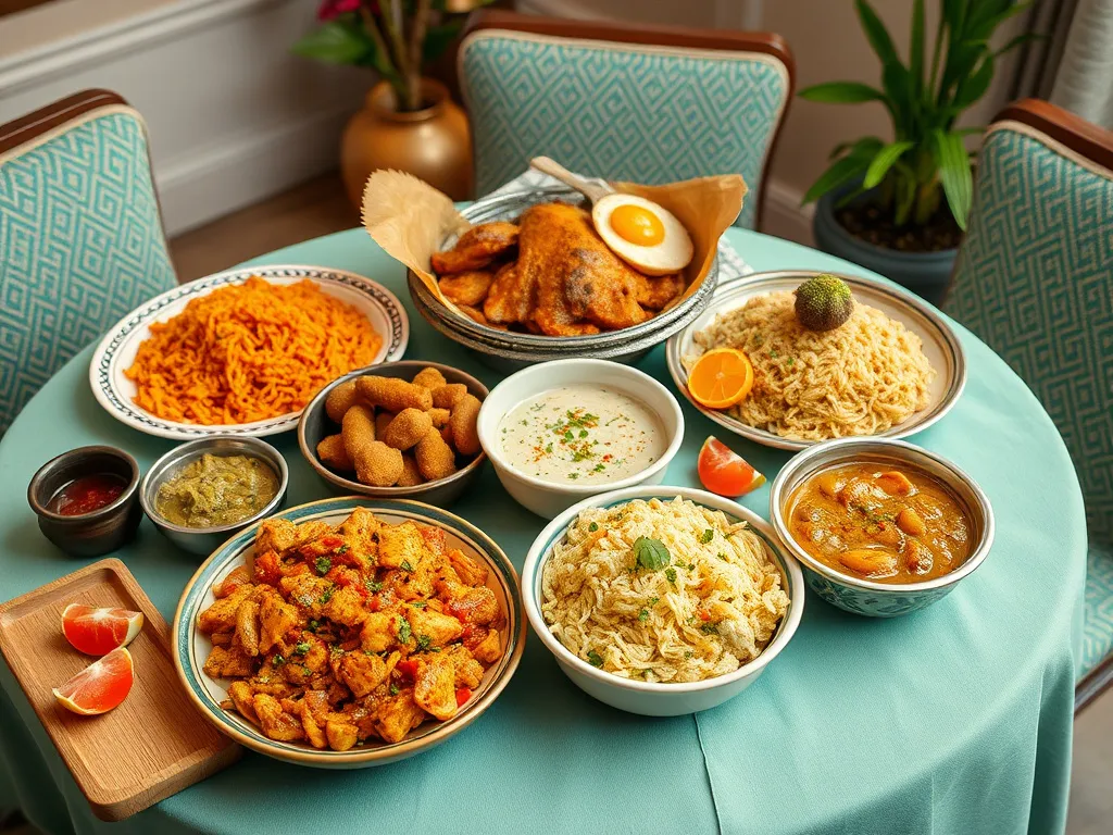 A table spread of Saudi traditional dishes such as Kabsa and Jreesh, set in a cozy and welcoming environment, showcasing Saudi cultural heritage, photorealistic