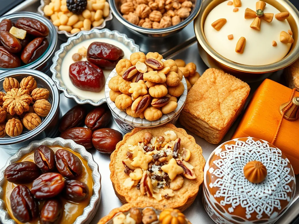 Detailed image of various dessert dishes from the Middle Eastern cuisine, including dates and nuts desserts, traditional sweets with ornate presentation, high quality