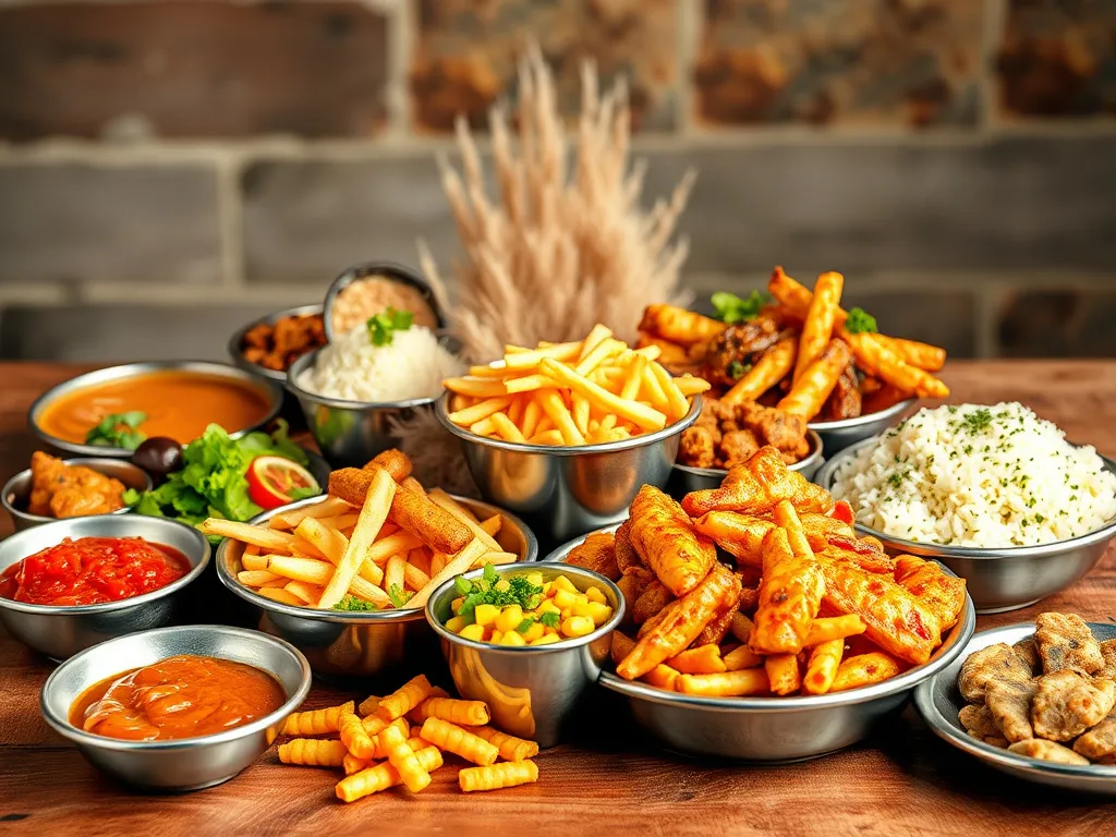Visual representation of the blending of Saudi Arabian and Gulf cuisines, featuring a variety of dishes from both kitchens in a vibrant setting, high quality