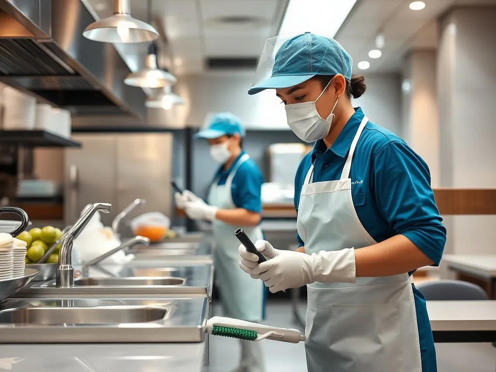 Professional cleaning staff ensuring high hygiene standards in a restaurant setting, focusing on cleanliness and safety