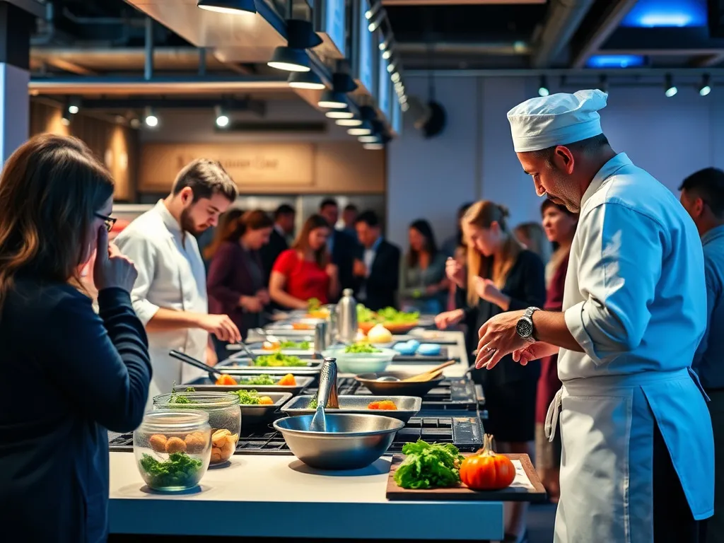 Interactive cooking station with a chef demonstrating cooking techniques to guests, engaging atmosphere, professional lighting