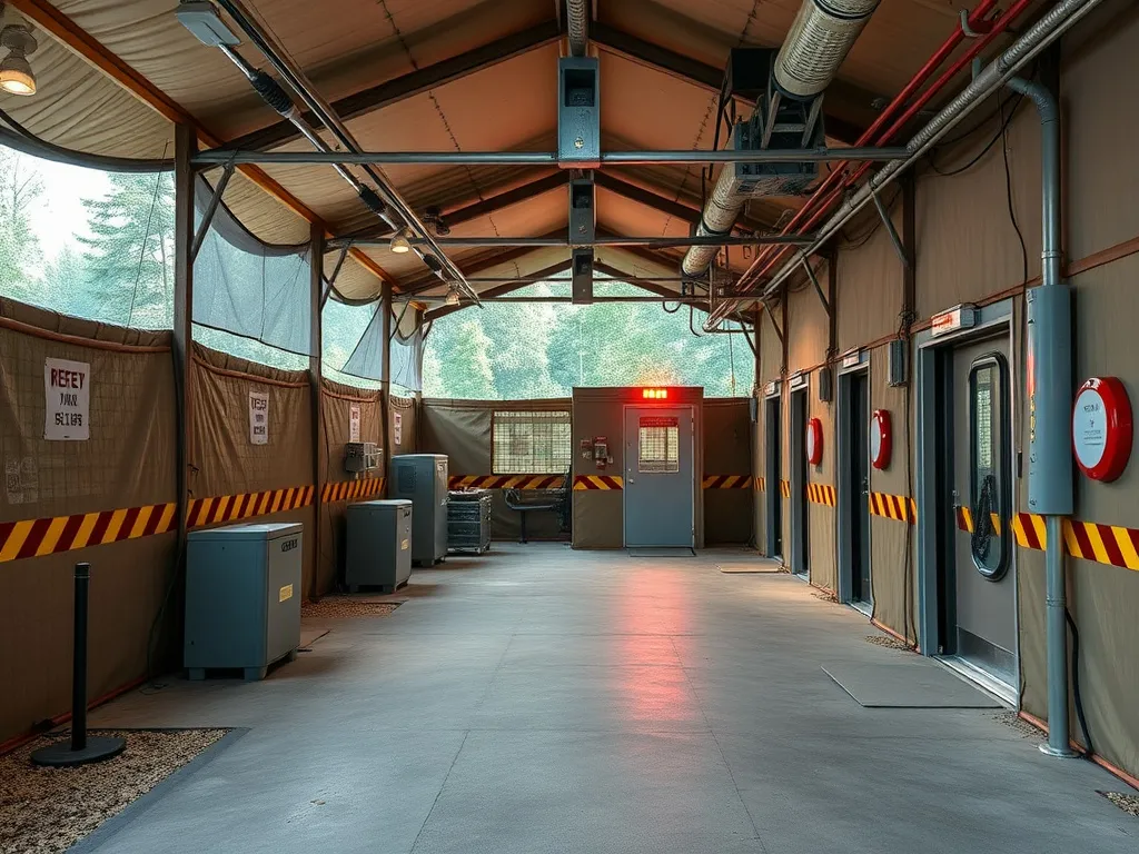Advanced security systems and safety protocols in camp environment, including fire protection and emergency procedures, photorealistic, high quality, secure and controlled access
