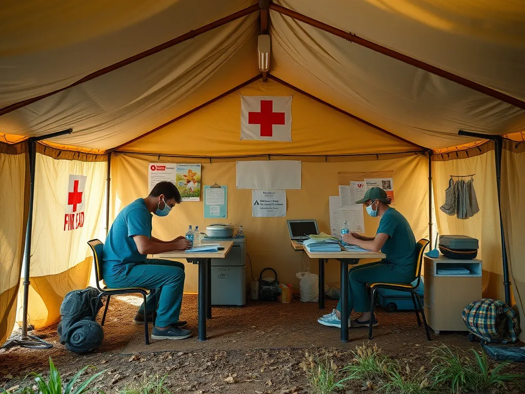 Field clinic within a camp setting, offering first aid and routine care services, photorealistic, high quality, medical professionals and equipment visible