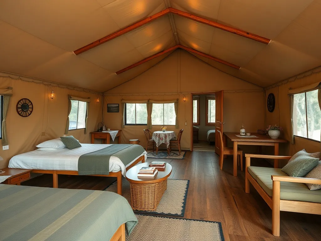 Fully equipped camp accommodation with comprehensive catering services, including comfortable furnished rooms, photorealistic, high quality, clean and organized setup