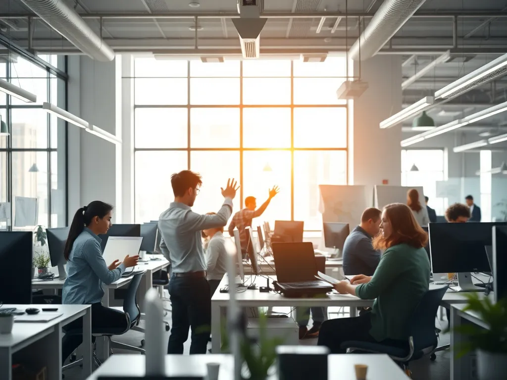 Dynamic office environment showcasing employees engaging in energetic and focused work, natural lighting, high resolution, modern workspace