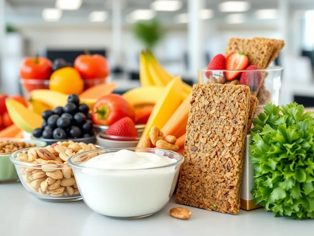 Healthy snack options such as fresh fruits, nuts, yogurt, and whole-grain granola bars, displayed attractively in a workplace setting