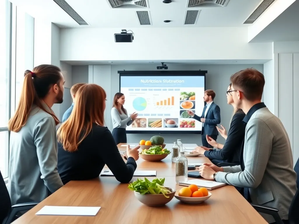 Interactive corporate session with employees learning about nutrition, in a modern conference room equipped with presentation tools, high quality