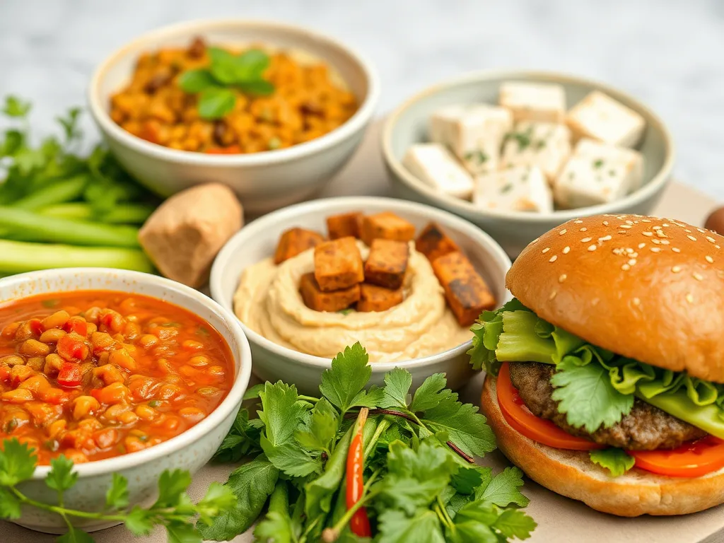 A selection of plant-based dishes including lentil stew, hummus, tofu, and a veggie burger, arranged elegantly, high quality, detailed presentation
