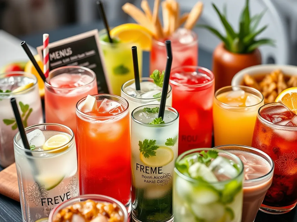 Close-up of custom-designed food menus and assorted non-alcoholic beverages, detailed presentation, vibrant and appetizing display, professional photography style