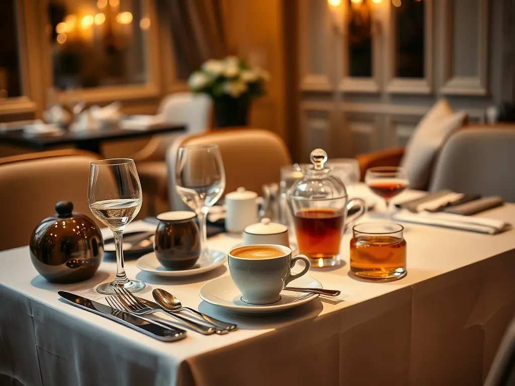 Luxurious dining experience with a beautifully set table, elegant tableware, and a mix of fresh beverages like specialty coffee and tea, artistic lighting, intimate atmosphere