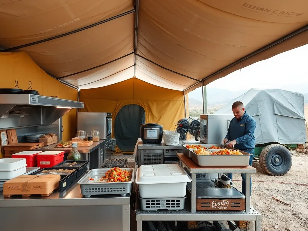 Remote campsite management scene with mobile kitchens and logistical setups, staff preparing meals in remote settings with tents and mobile refrigeration, professional setup, high quality