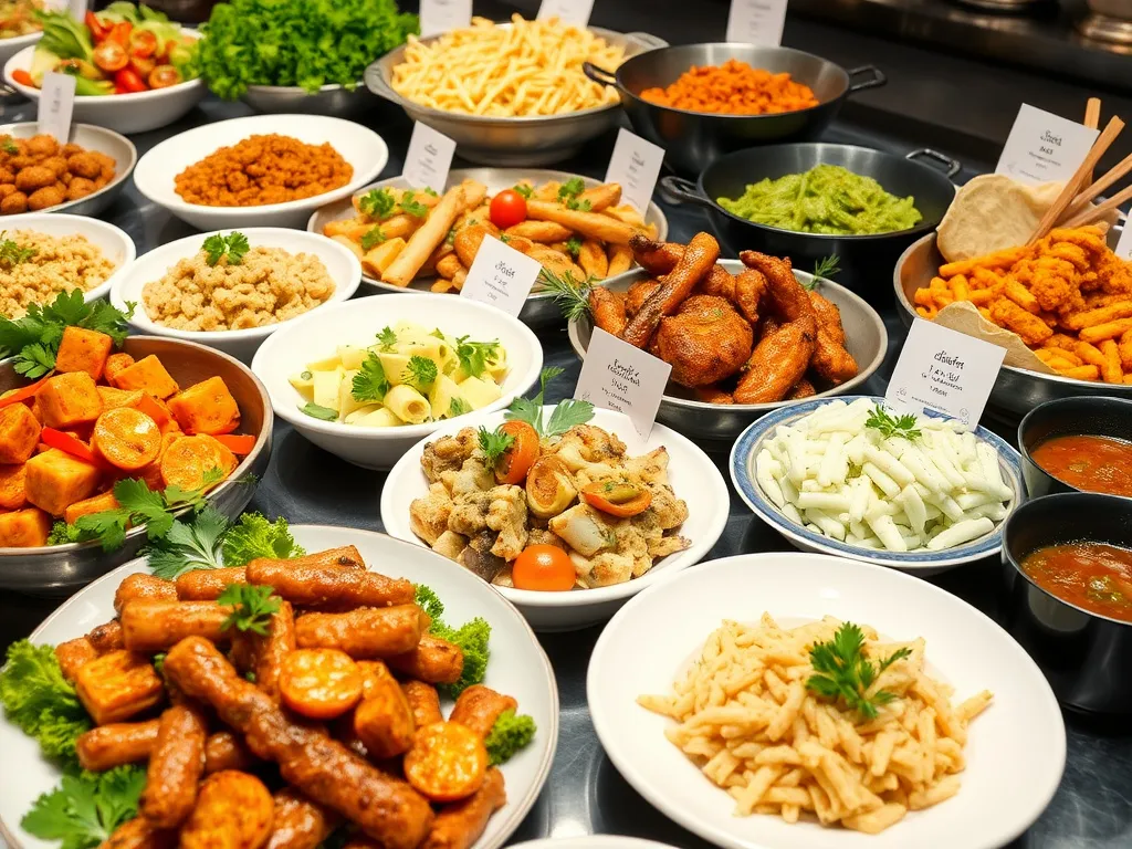 Variety of gourmet dishes presented elegantly in a buffet style, with clear allergen labels, fresh ingredients, and a mix of cuisines including oriental and Mediterranean, photorealistic, high quality