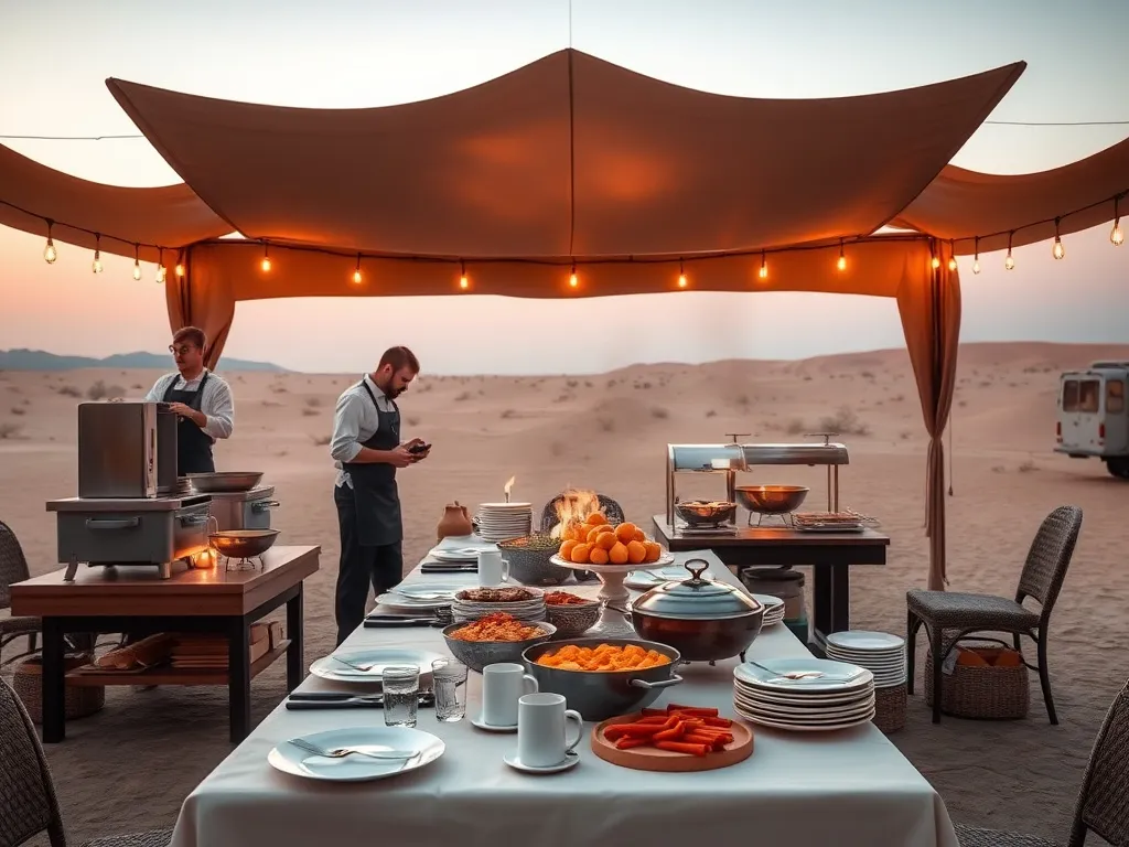 Professional catering setup with dining area in remote desert location, includes buffet station and chefs cooking live, photorealistic, detailed, high-quality lighting