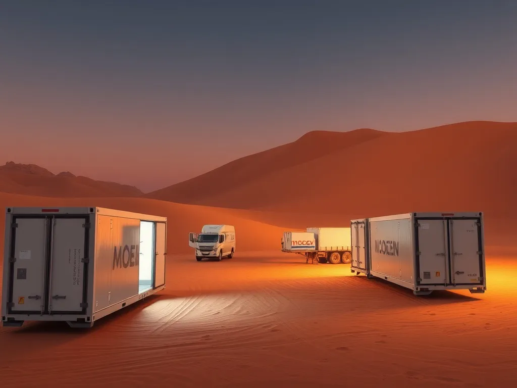 Logistics coordination in the desert for catering services, showing supply chains and storage solutions with refrigerated units, photorealistic, detailed, clean background