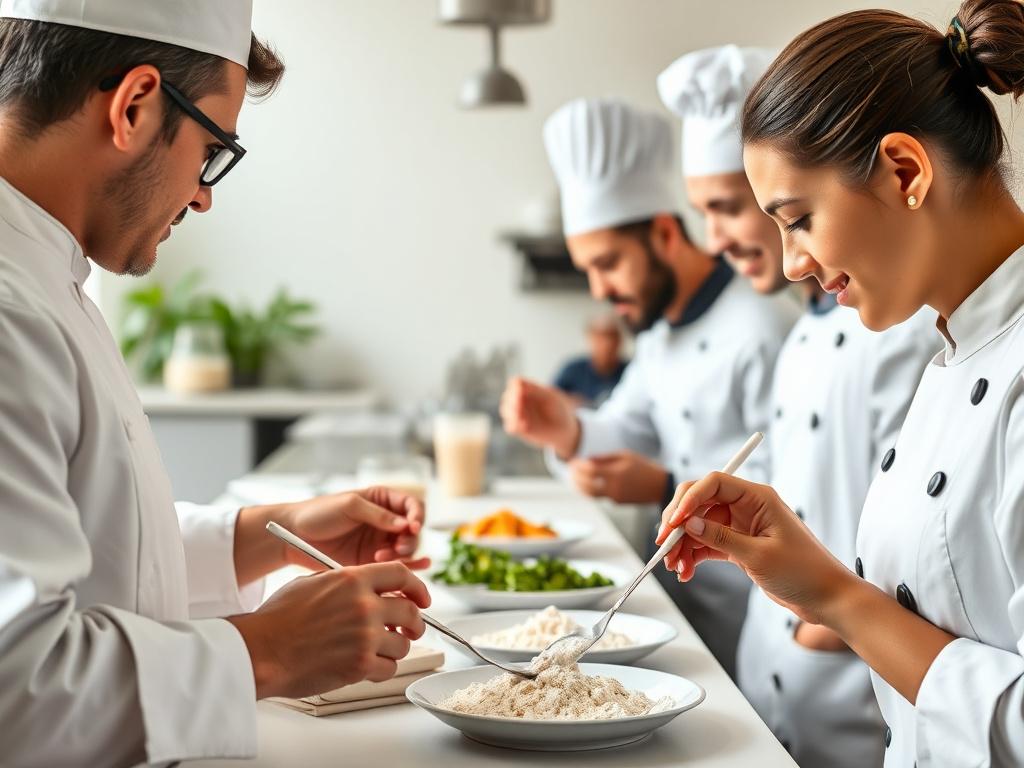 Image of chefs conducting a tasting session for allergen-friendly menu options, focusing on the vibrant colors and textures of alternative ingredients like chickpea flour and almond milk, bright and dynamic setting