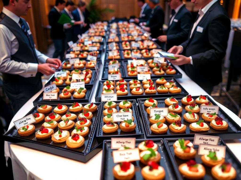 Depiction of a corporate event setup with labeled allergen-free canapés displayed on distinct trays, highly organized serving staff ensuring smooth and safe service, professional event setting