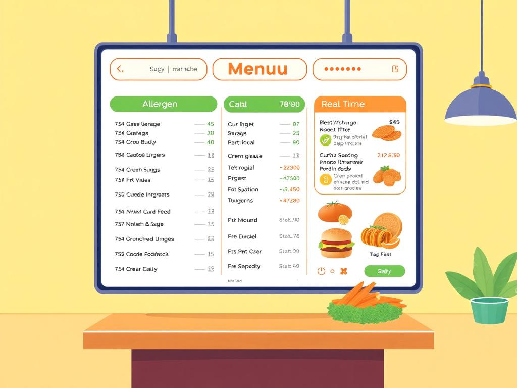 Illustration of a digital menu display with allergen filters and real-time updates, intuitive interface, modern digital integration, high-quality, bright background