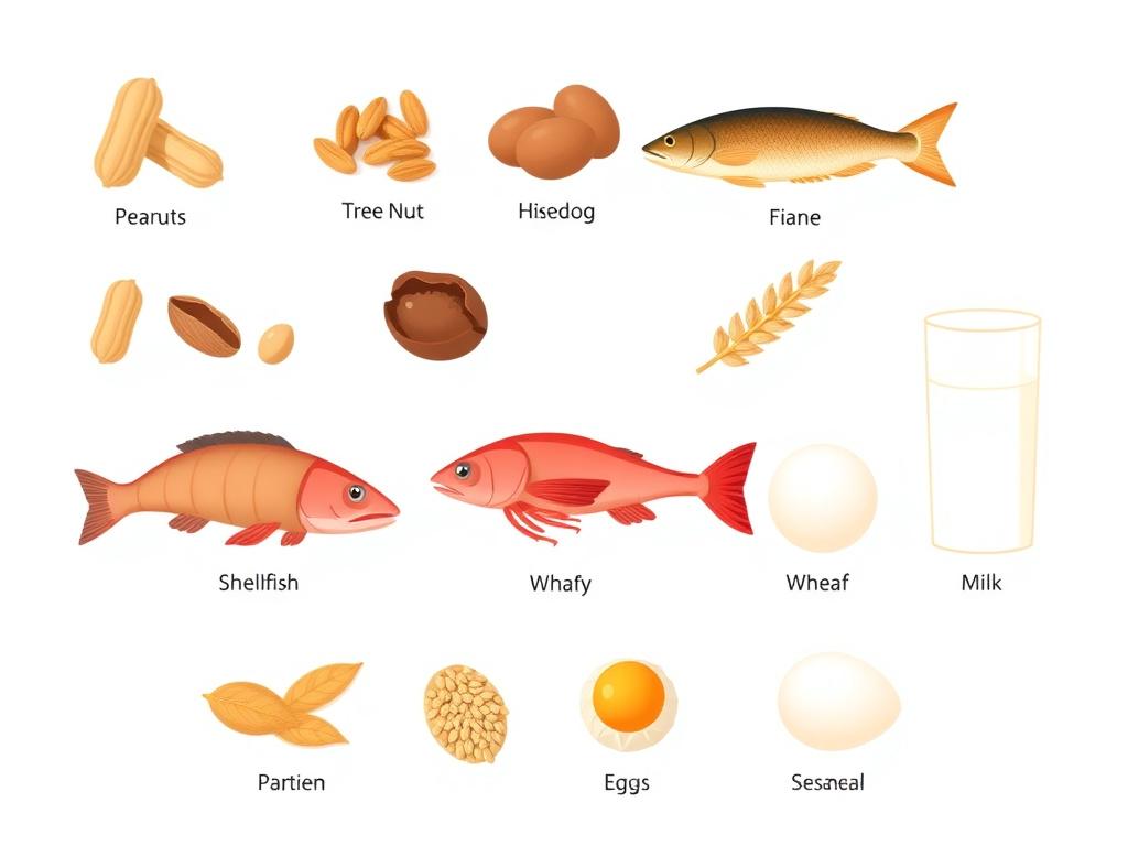 Illustration of major food allergens represented by their natural forms: peanuts, tree nuts, fish, shellfish, soy, wheat, milk, eggs, and sesame, high-detail, clear distinction, clean background