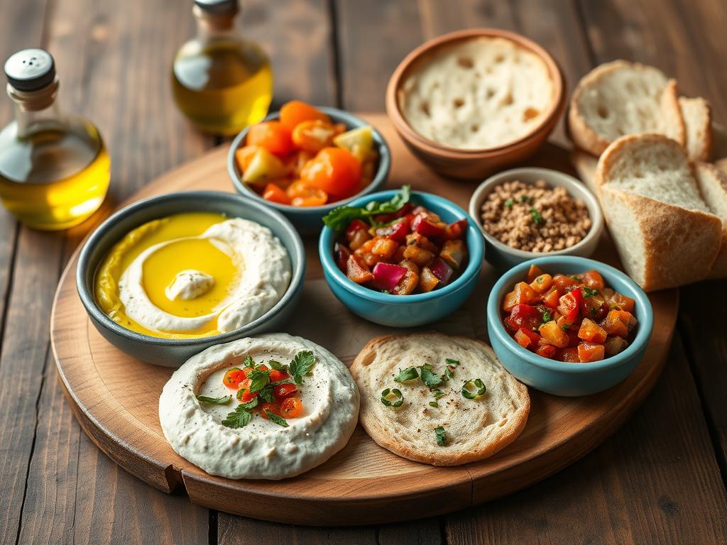 A colorful assortment of Lebanese mezze including hummus, tabbouleh, and baba ghanoush, served on a rustic wooden table with olive oil and freshly baked bread


