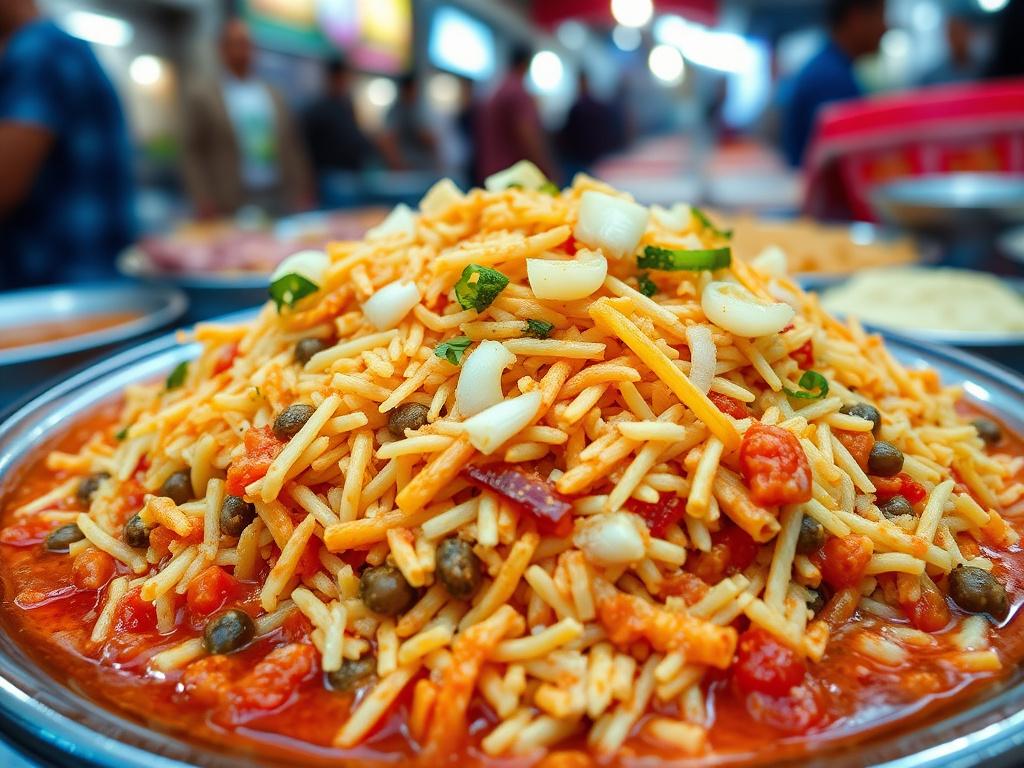 Egyptian koshari served in a vibrant street food scene, with layers of pasta, rice, lentils, and spicy tomato sauce, topped with crunchy onions