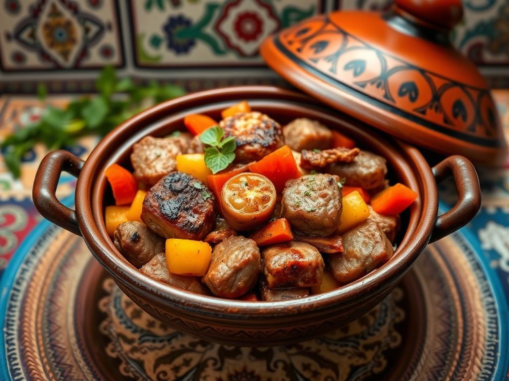 A Moroccan tagine with vibrant vegetables and tender meat, set in a traditional clay pot with a decorative North African backdrop