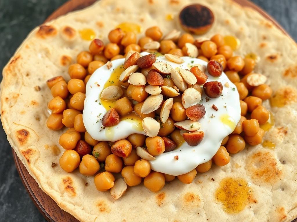 A rich Syrian fatteh with chickpeas and garlicky yogurt on toasted flatbread, topped with almonds and a drizzle of olive oil
