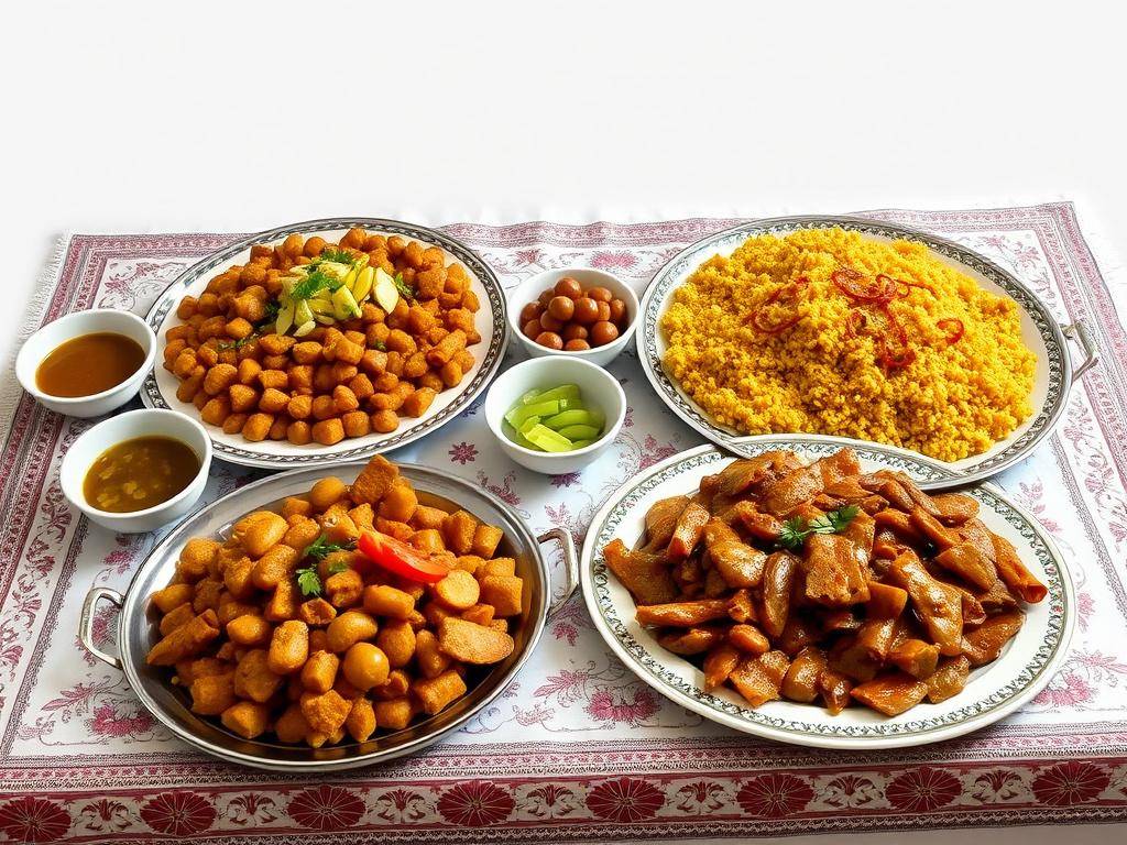 A traditional Gulf dining setup featuring large platters of kabsa and machboos, with smaller sides of sambousek, presented on an embroidered tablecloth