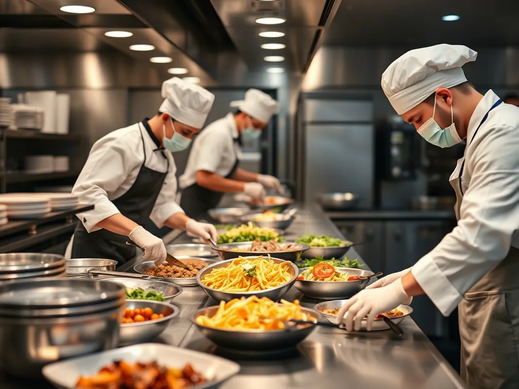 Catering kitchen with chefs meticulously preparing meals, emphasizing hygiene and food safety, professional photography style, detailed and clean environment
