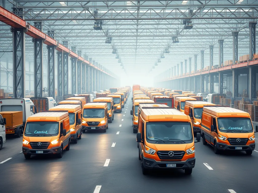 Fleet of catering delivery vehicles navigating a vast industrial zone, emphasizing logistics management, modern and efficient, high quality