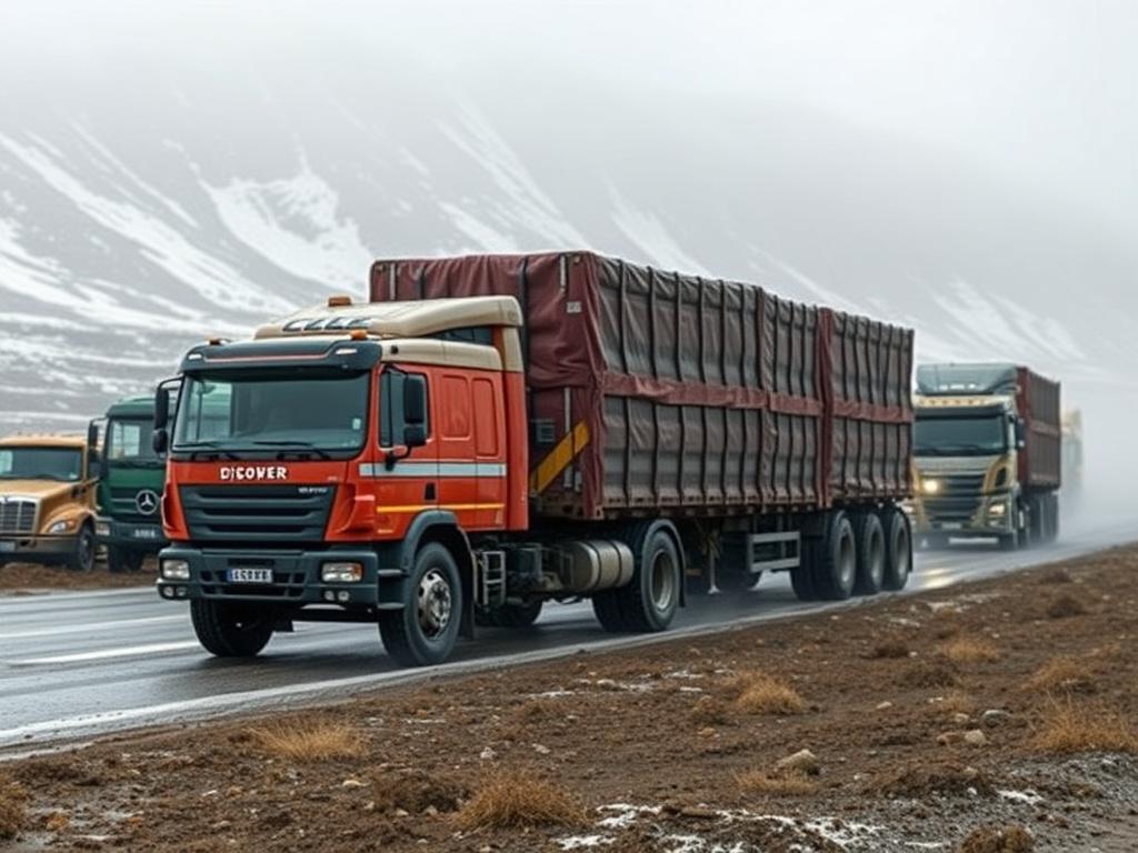 Challenging logistics in remote location, delivery trucks, rugged terrain, weather impact, photorealistic, high quality