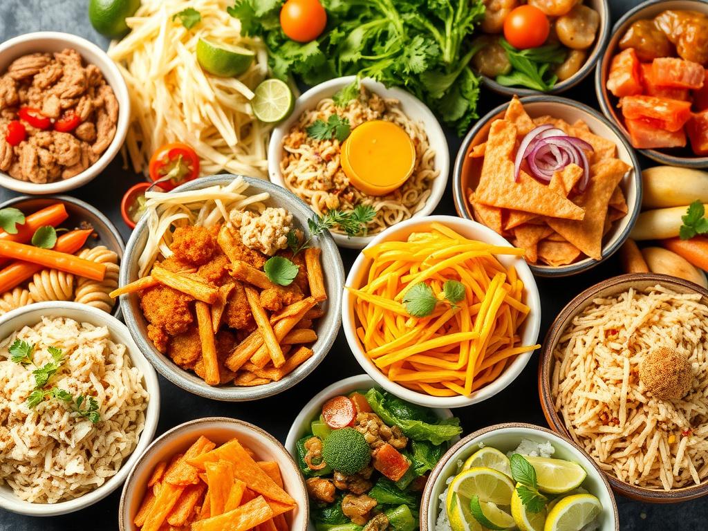 Diverse and nutritious meal options, various cuisines, vibrant and colorful dishes, high quality, emphasis on health and diversity
