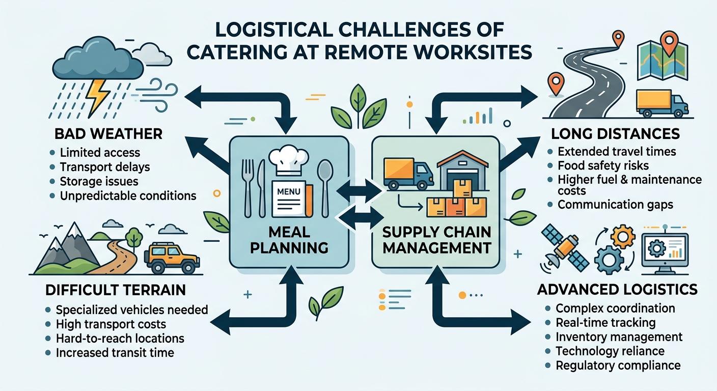 A conceptual diagram explaining the logistical challenges of catering at remote worksites. Include elements such as 'Bad Weather', 'Difficult Terrain', 'Long Distances', and 'Advanced Logistics' with arrows showing the connection to 'Meal Planning' and 'Supply Chain Management'. Use a flat-lay infographic style with clear labels and icons to represent each challenge. Professional color palette with legible text.