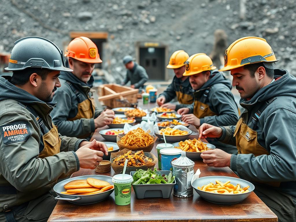 Mining camp with workers enjoying healthy meals, grab-and-go food options, improving morale and productivity, photorealistic, high quality