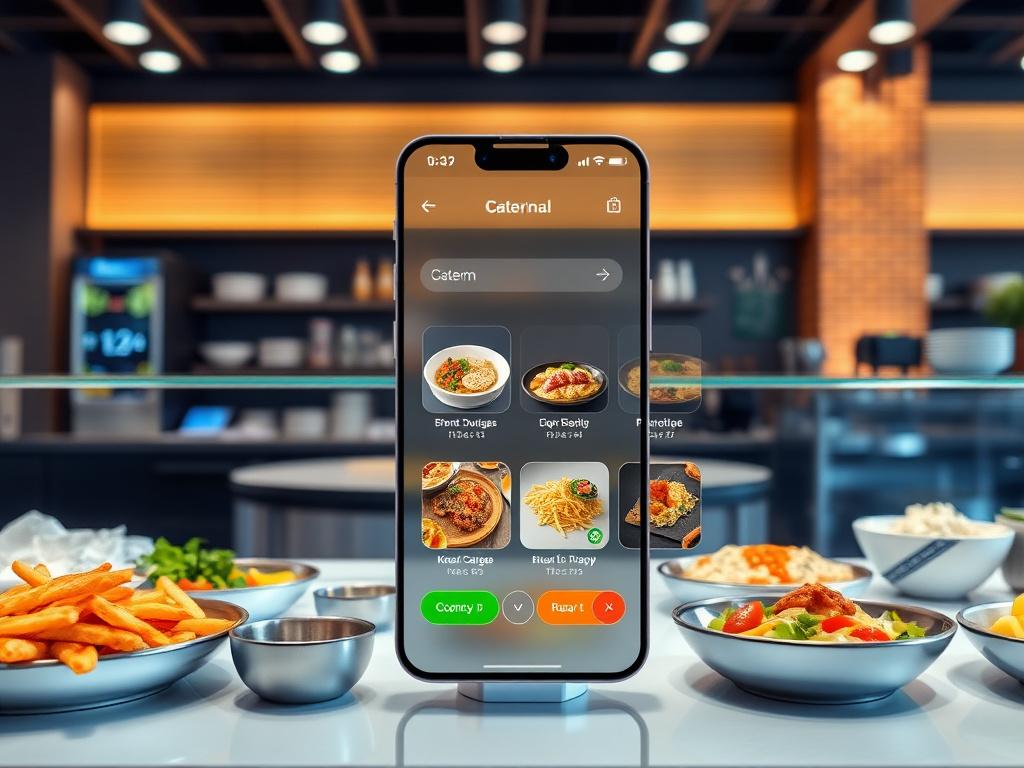 Modern technology in catering, mobile app for meal selection, high-tech interface, photorealistic, futuristic feel